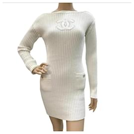 Chanel-Chanel CC Logo Knited Dress Sz.34 Pre-owned-White