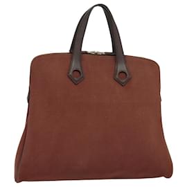 Hermès-HERMES Sack Eboo MM Hand Bag Canvas Brown Silver Auth bs25501-Brown,Silvery