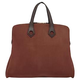 Hermès-HERMES Sack Eboo MM Hand Bag Canvas Brown Silver Auth bs25501-Brown,Silvery