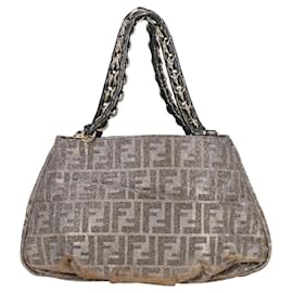 Fendi-Sac à bandoulière Mia Chain en toile Zucca FENDI Argent Or Auth 122372AV-Argenté,Doré