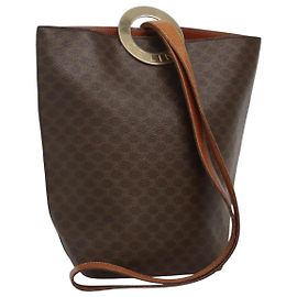 Céline CELINE Macadam Canvas Shoulder Bag PVC Leather Brown Gold Auth 123185 Brown Golden