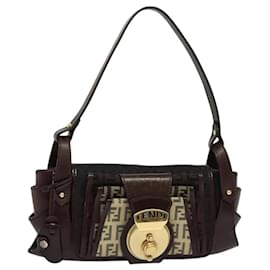 Fendi-Sac à main en toile Zucchino FENDI noir beige or Auth 120631-Noir,Beige,Doré