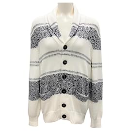 Brunello Cucinelli-Brunello Cucinelli White / Grey / Navy Cotton Knit Cardigan Sweater-White
