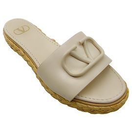 Valentino Ivory VLogo Leder- und Raphia-Sandalen Roh