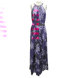 Diane Von Furstenberg-Diane Von Furstenberg Magenta Ziva Floral Print Crepe Halterneck Maxi Dress-Purple