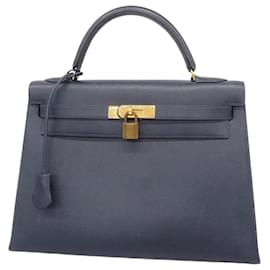 Hermès-Hermes Kelly 32 Handbag in Navy Courchevel Leather-Navy blue