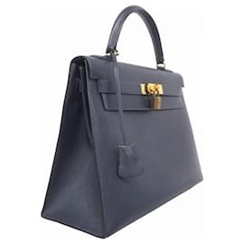 Hermès-Hermes Kelly 32 Handbag in Navy Courchevel Leather-Navy blue