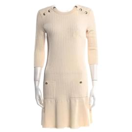 Chanel-CHANEL 18A HAMBURG CREAM KNIT ANCHOR CC BUTTONS Mini DRESS FR 38-Cream