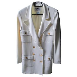 Chanel White Long Jacket with Gold Buttons White