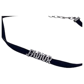Dior-Christian Black Velvet J'A Rhinestones Chocker Necklace-Black