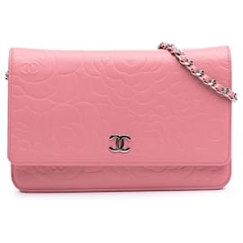 Chanel-Chanel Pink Embossed Lambskin Camellia Wallet On Chain-Pink