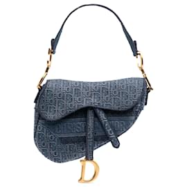Dior-Dior Blue Oblique Embroidered Denim Saddle Bag-Blue