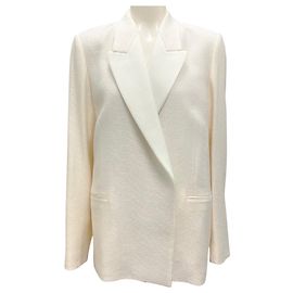 Victoria Beckham Ivory Textured Tuxedo Style Satin Blazer Cream