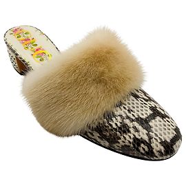 Gucci Beige Candy Snakeskin & Mink Fur Embellished Mules Beige