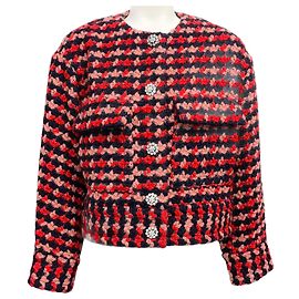 Essentiel Antwerp Red Multi Tweed Boucle Jacket with Crystal Buttons Red