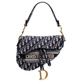 Dior-Dior Blue Oblique Embroidered Canvas Saddle Bag-Blue