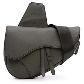 Dior-Dior Gray Grained Calfskin Saddle Bag-Brown