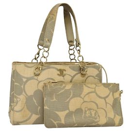 CHANEL Camelia Chain Tote Bag Straw Beige CC Auth 122907 Beige