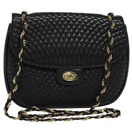 BALLY Bolsa de ombro de couro matelassada com corrente preta dourada Auth BD2017 Preto Dourado