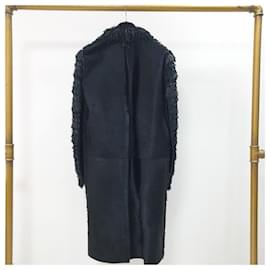Fendi-Manteau en cuir noir à franges et boucles Fendi Taille 42 d'occasion-Noir