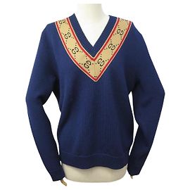 NEUER GUCCI V-AUSSCHNITT PULL GG 577089 M 40 AUS BLAUER WOLLE OBERTEIL STRICKWARE Blau