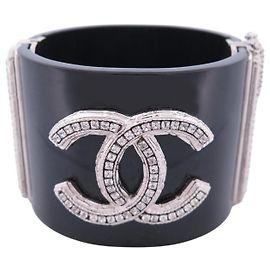CHANEL BRACELET CUFF LOGO CC CRYSTALS 16 CM 2011 BLACK RESIN BANGLE Black
