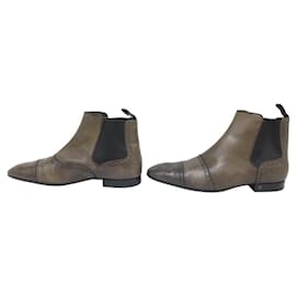 Louis Vuitton-LOUIS VUITTON CHELSEA BOOTS FLOWERED TIP 8 42 KHAKI LEATHER SHOES-Khaki