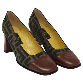 FENDI Zucca Canvas Pumps 36 Pumps Brown Black gold Auth yk18254 Brown Black Golden