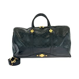 Versace Vintage Sunburst Black Gold Hardware Leather Boston Bag Black