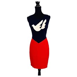 Moschino Cheap And Chic Moschino Kleid mit Friedenstaube Vintage 1990er Rot Blau