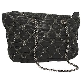 CHANEL Chain Paris Byzantine Shoulder Bag Nylon Black Silver CC Auth BD2076 Black Silvery