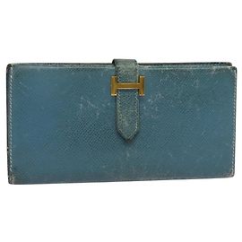Hermès HERMES Billetera Larga de Cuero Azul Auth bs26436 Azul