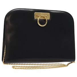 Bolsa de ombro com corrente Salvatore Ferragamo em couro preto e dourado Auth am8545 Preto Dourado