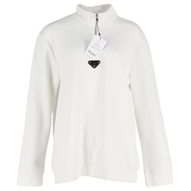Prada Logo Patch Halb-Zip Pullover aus weißer Baumwolle Weiß Roh