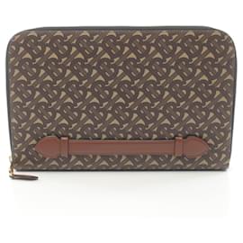 Burberry-Burberry TB Monogram Coated Canvas Leather Clutch Bag 8023035-Brown,Beige