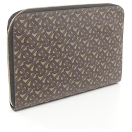 Burberry-Burberry TB Monogram Coated Canvas Leather Clutch Bag 8023035-Brown,Beige