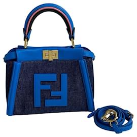 Fendi-Fendi Peekaboo Mini FF Logo Leather Denim 2way Bag-Blue