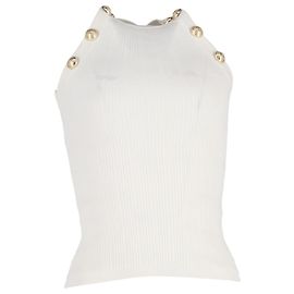 Top de malha canelada com botões embellidos Balmain em viscose branca Branco