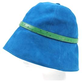 Gucci-Chapéu bucket de couro de avestruz nubuck logo Gucci em couro de ovelha-Azul