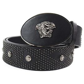 Cinturón de cuero con hebilla ovalada Medusa de Versace Negro