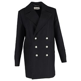 Saint Laurent Double-Breasted Coat in Black Wool Black