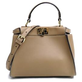 Fendi-Fendi Peekaboo Mini Calfskin 2way Bag-Brown,Beige