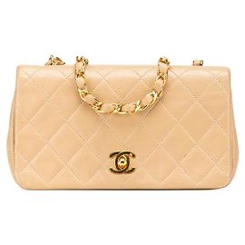 Bolsa de ombro Chanel em couro de cordeiro matelassé com aba completa Marrom Bege