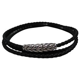 NUOVO BRACCIALE DAVID YURMAN CHEVRON TRIPLO IN ARGENTO STERLING E PELLE TAGLIA 19 Nero