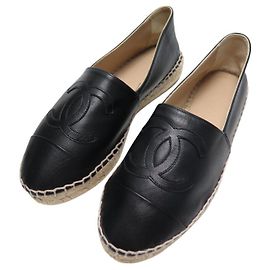 NEUE CHANEL ESPADRILLES SCHUHE LOGO CC G29762 35 SCHWARZES LEDER Schwarz