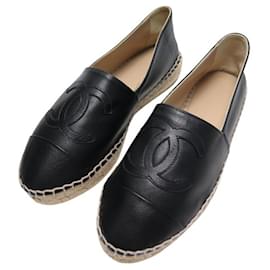Chanel-NEW CHANEL ESPADRILLES SHOES LOGO CC G29762 35 BLACK LEATHER-Black