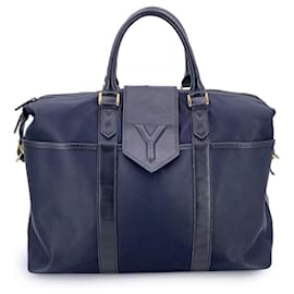 Yves Saint Laurent Sac de voyage vintage en nylon bleu et cuir noir Bleu
