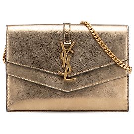 Saint Laurent Gold Metallic Grain De Poudre Monogram Sulpice Chain Wallet Golden