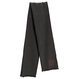 Givenchy- Givenchy Monogram Fringed Reversible Scarf in Grey and Brown Wool-Grey