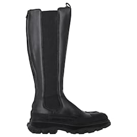 Alexander Mcqueen- Alexander Mcqueen Tread Slick Knee-High Boots in Black Leather-Black